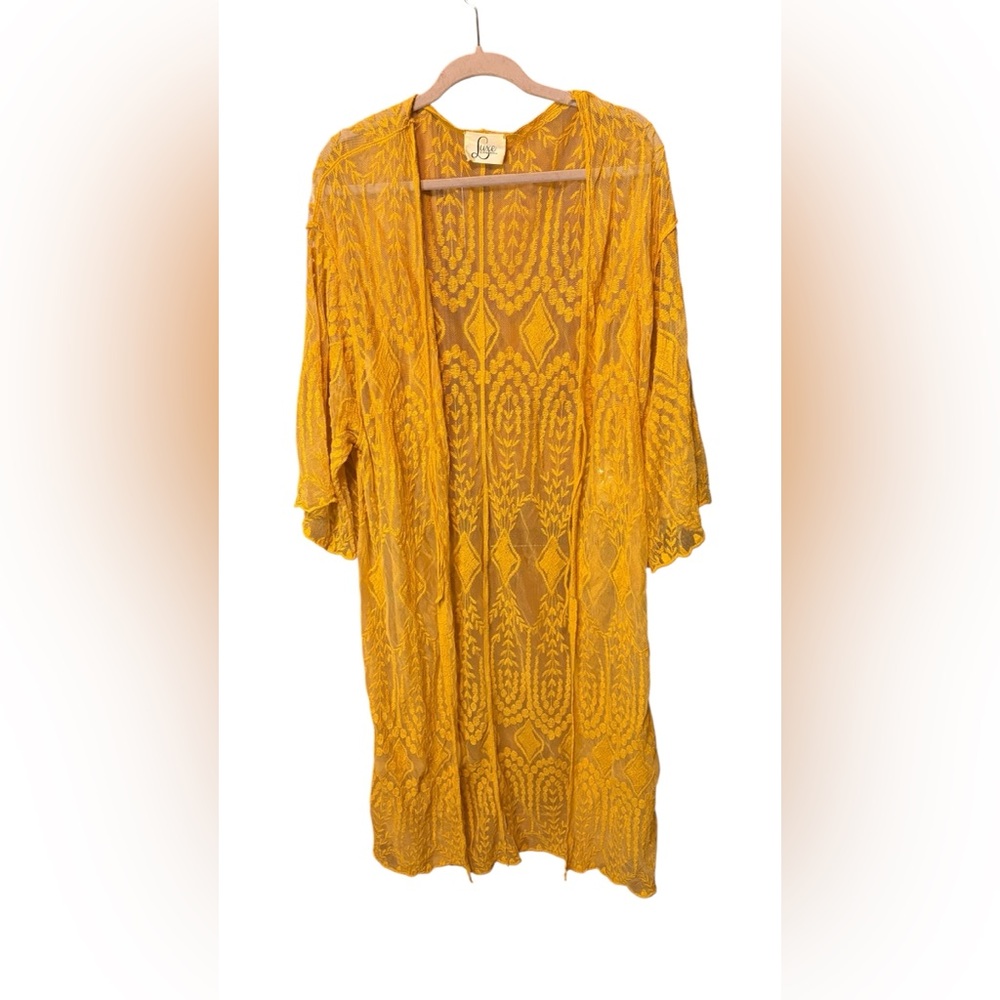 Luxe Mustard Yellow Crochet Lace Kimono Duster Boho Festival One Size